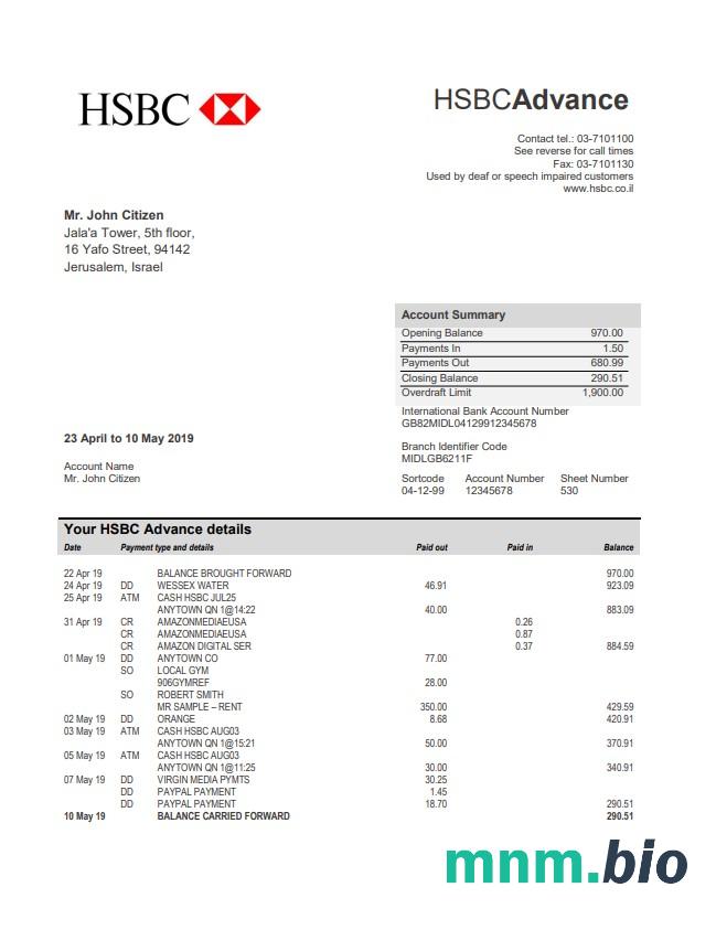 Wyciąg bankowy Israel HSBC łatwy do wypełnienia szablon w formacie Excel i PDF
